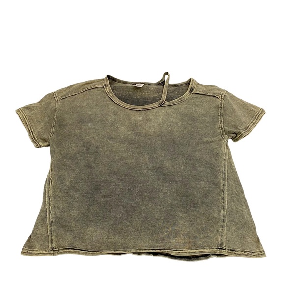 Free People We The Free Army Green Distressed Alex Split Shoulder Tee, Size Med. - Picture 8 of 14